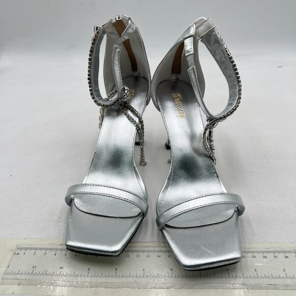 Wansseny Silver Gorgeous Rhinestone Ankle Strap Open Square Toe Back Zip Sandals - Picture 3 of 9